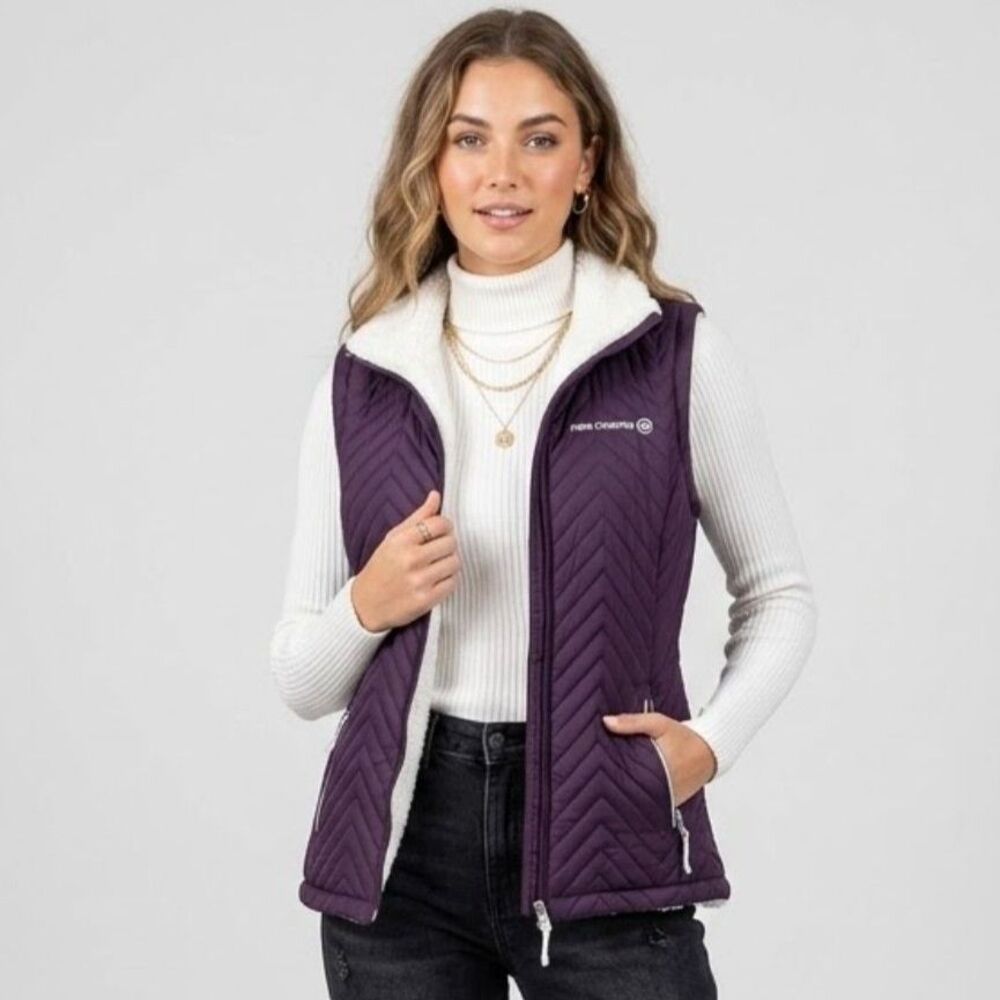 Free Country Purple Chevron Quilted Fleece Sherpa-Lined Full-Zip Puffer Vest S